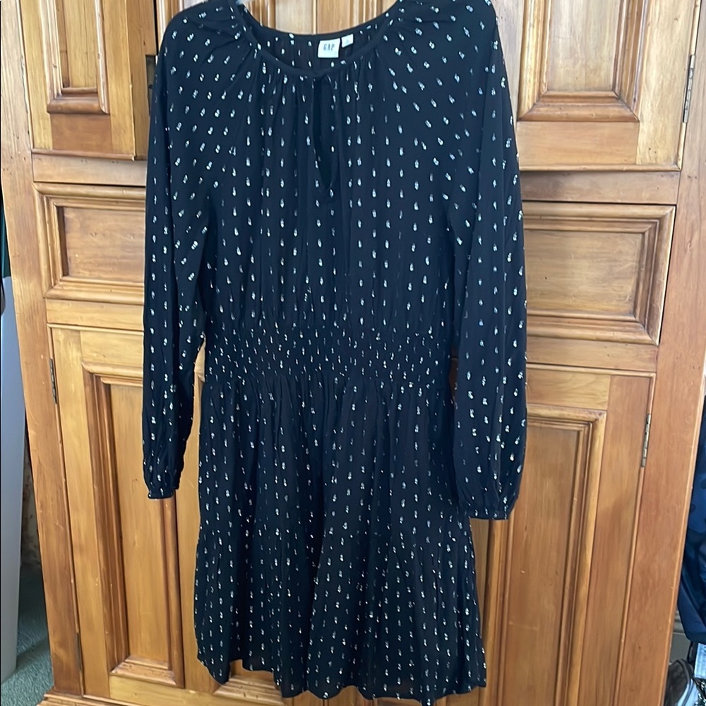 GAP Black and Silver Smocked Waist Mini Dress with Bishop Sleeves